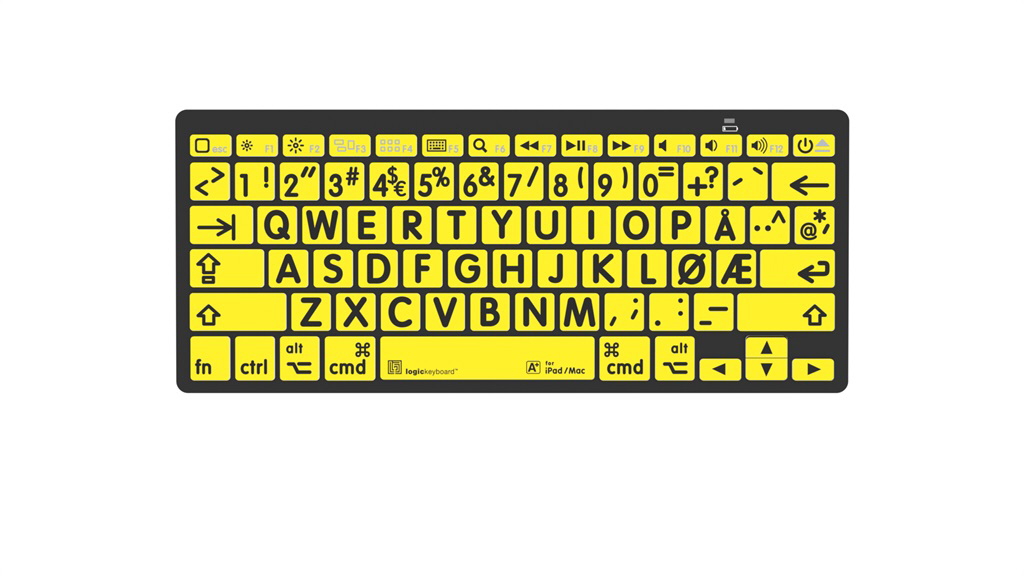 Mac-tastatur Bluetooth, gul bakgrunn med sorte symboler